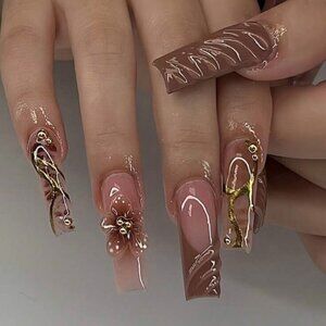 24pcs Long Square Brown & Pink w/ Flowers, Gold Accents - Press-On Nails New